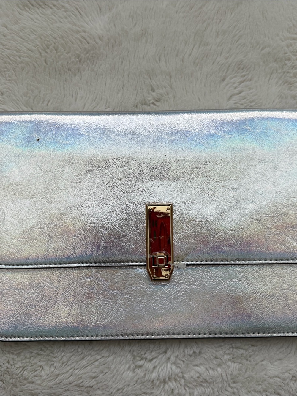 Iridescent Silver Clutch Bag with Gold Tone Lock